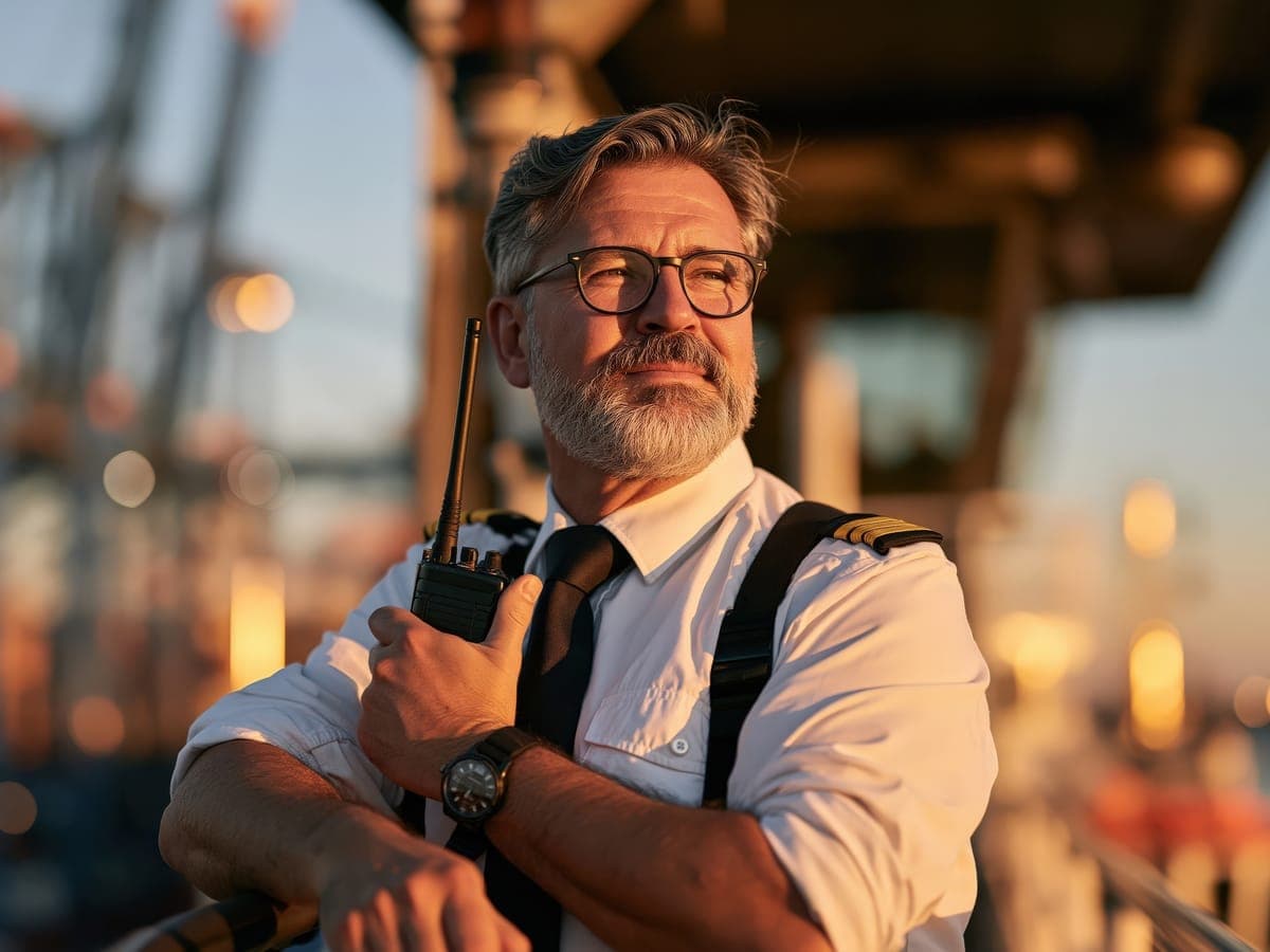 A harbour master with a radio on the quay in the evening light