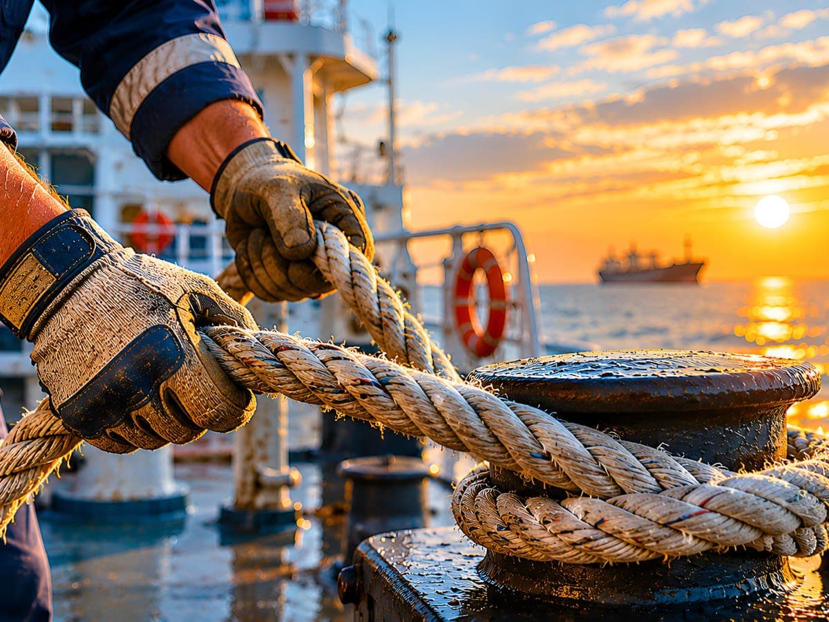 Gloved hands making a mooring line fast around a bollard at sunset