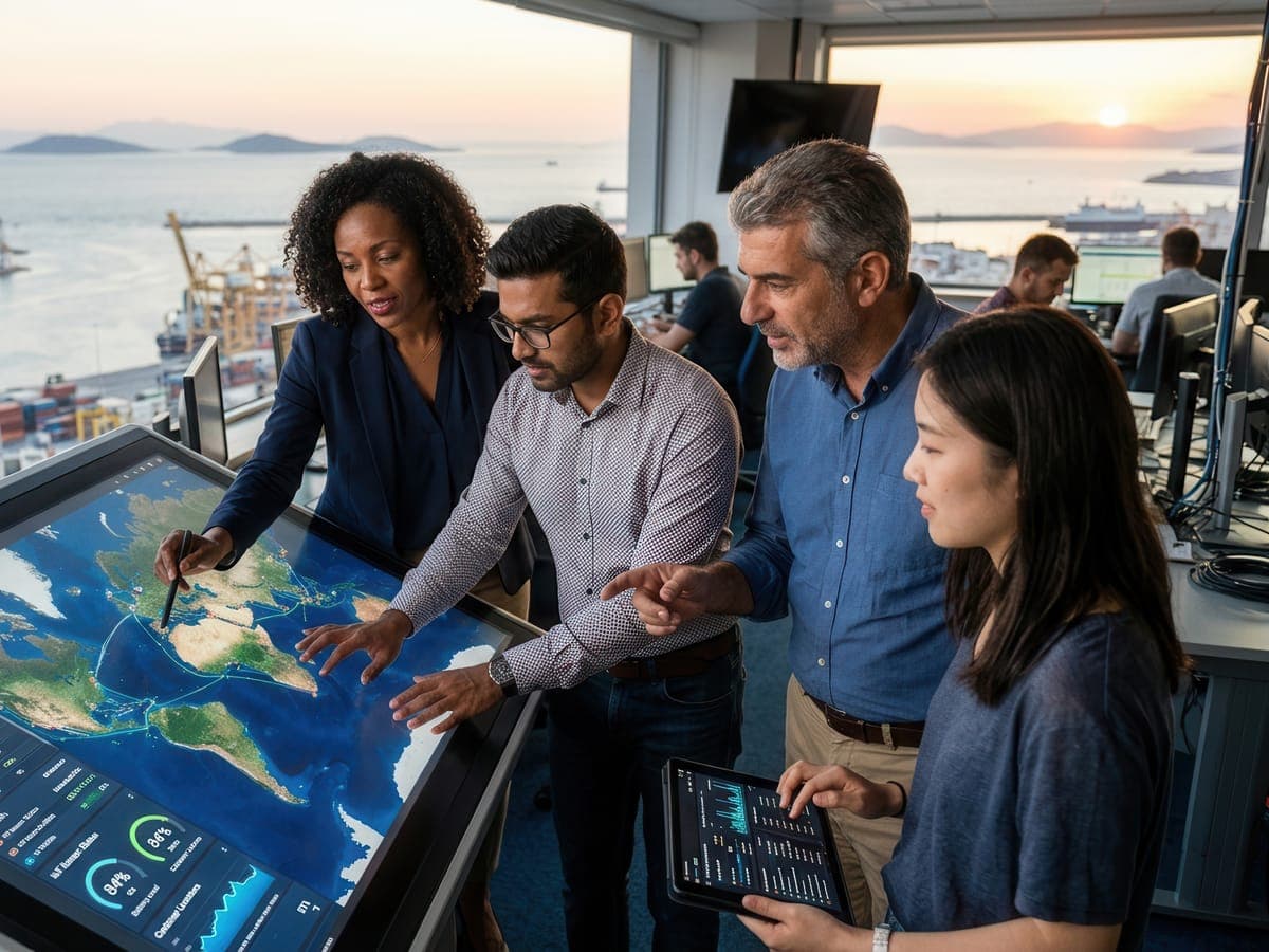 Port staff going through the day together at a map table in the harbour office